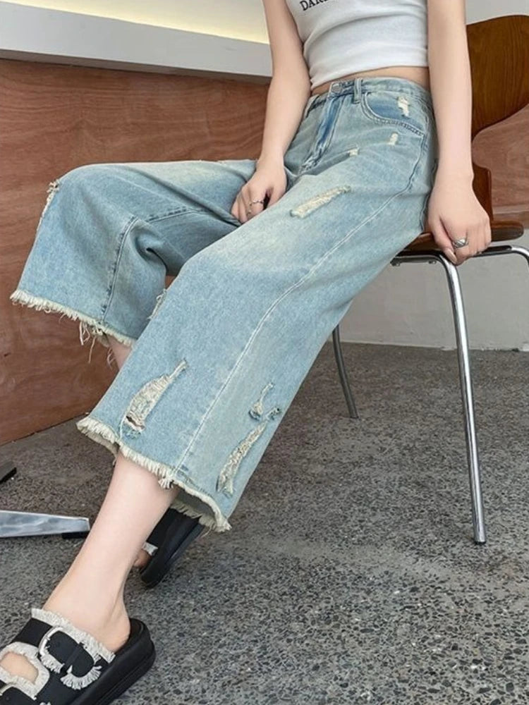 Women's Ripped Denim Culottes 2026 Summer New Loose Fit Distressed Cropped Jeans Frayed Hem Straight Wide Leg Pants Streetwear