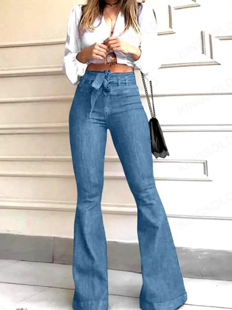 Belt Flare Pants Women Denim 2026 Spring Hip Package Elegant Long Jeans Woman Lace Up Pocket Streetwear High Waist Lady Trousers