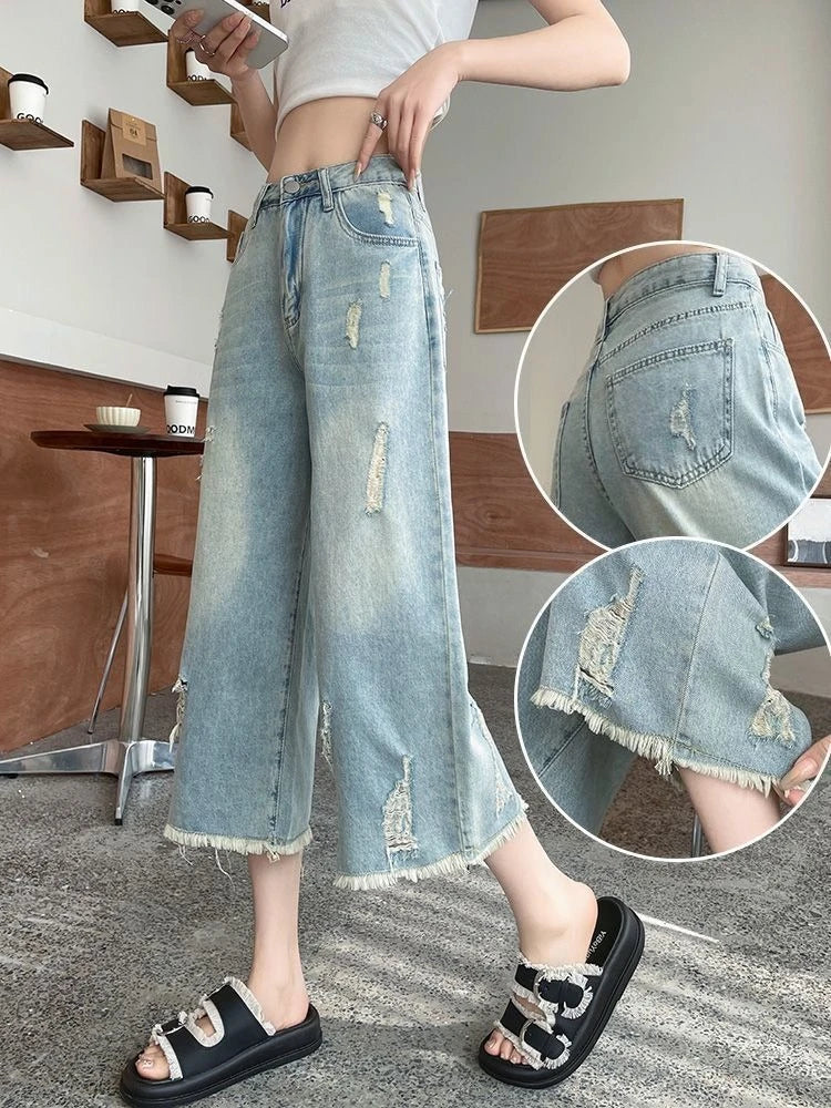 Women's Ripped Denim Culottes 2026 Summer New Loose Fit Distressed Cropped Jeans Frayed Hem Straight Wide Leg Pants Streetwear