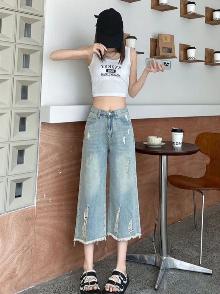 Women's Ripped Denim Culottes 2026 Summer New Loose Fit Distressed Cropped Jeans Frayed Hem Straight Wide Leg Pants Streetwear